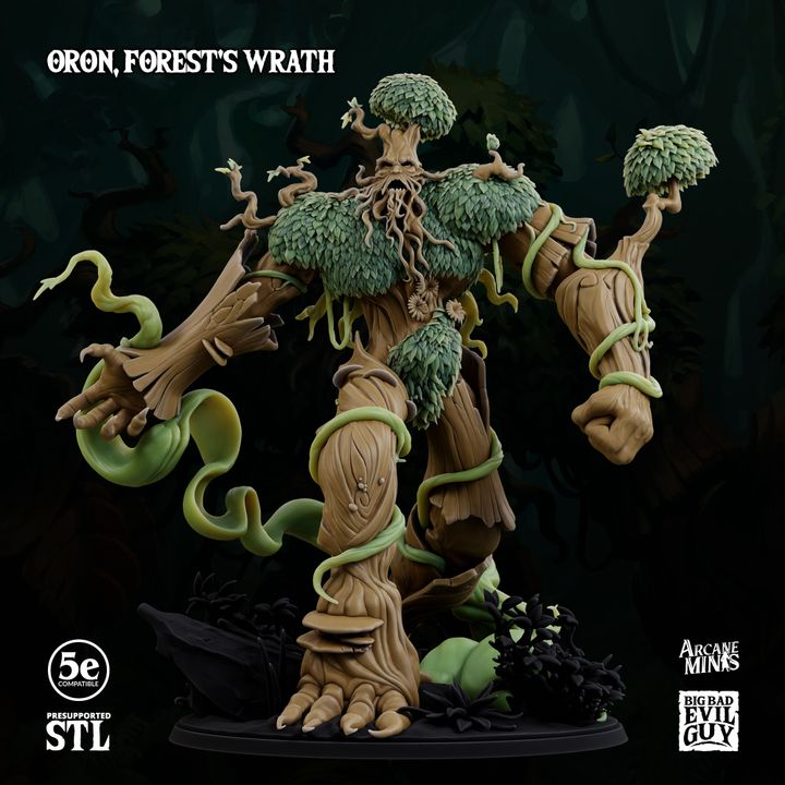 3D-printed Oron, Forest's Wrath miniature in a dynamic pose, depicting a massive tree guardian entwined with vines, ideal for TTRPGs like Dungeons and Dragons and Pathfinder.