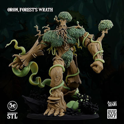 3D-printed Oron, Forest's Wrath miniature in a dynamic pose, depicting a massive tree guardian entwined with vines, ideal for TTRPGs like Dungeons and Dragons and Pathfinder.