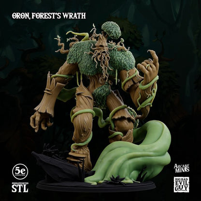 3D-printed Oron, Forest's Wrath miniature in a powerful stance, showcasing a tree guardian with vines, perfect for TTRPGs like Dungeons and Dragons and Pathfinder.