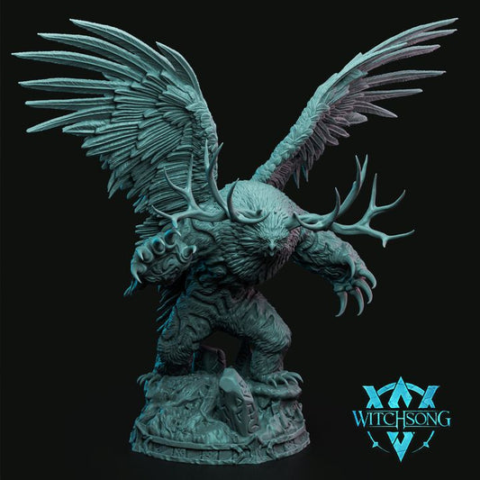 Front view of the Owl Bear Progenitor, a large, detailed miniature combining features of an owl and a bear, with massive antlers and wings, perfect for tabletop RPGs like Dungeons & Dragons, Pathfinder, and Warhammer.