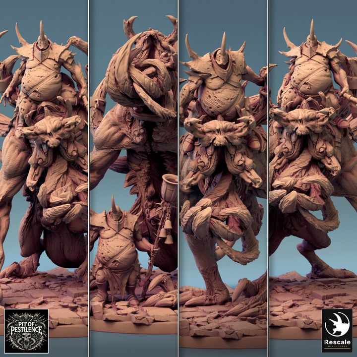 Close-up of Vorathe's grotesque facial armor and powerful stance in a multi-panel view, showcasing intricate details for dark tabletop gaming.