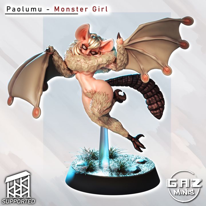 Paolumu Monster Girl figurine in a dynamic flying pose with bat-like wings, fluffy fur, and a playful expression, showcased with a grass-covered base.