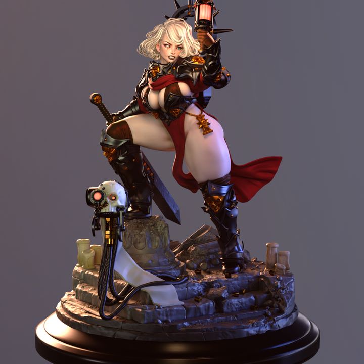 War Sister miniature in dynamic pose, holding a large sword and lantern, wearing intricate battle armor, with a detailed base featuring mechanical skull elements and rubble.