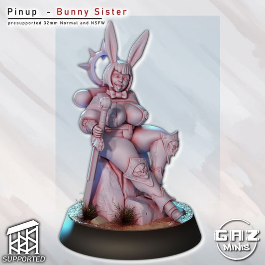 Bunny Sister Squad Captain miniature seated on rock with ornate armor, bunny ear helm, and sword resting at side – Warhammer 40K compatible model.