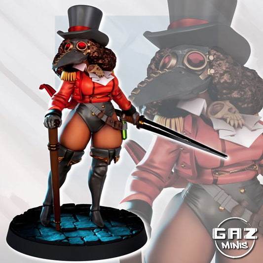 Plague Doctor Ringleader Zara, wearing a red coat, top hat, and plague doctor mask, with a cane and sword, painted miniature.