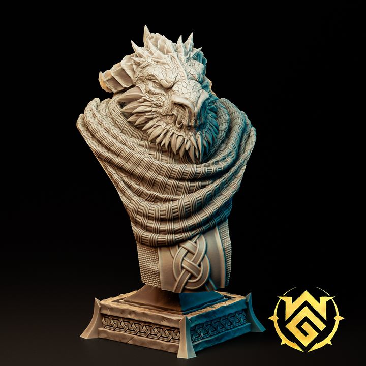 Bust of Purveyor Galadreth, a Dragonborn with intricate scale details and thick woven robes. This bust captures the noble visage of the character, perfect for painting or display in fantasy TTRPG environments.