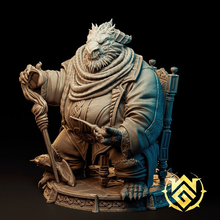 Purveyor Galadreth, a seated Dragonborn character in lavish robes holding a staff, embodying a majestic merchant or noble figure. The figurine features detailed scales, layered attire, and a finely crafted throne, suitable for fantasy TTRPG settings.