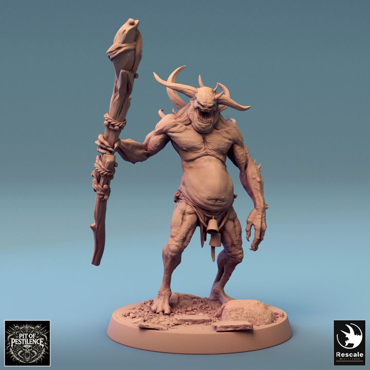 Grotesque creature standing tall, holding a crude staff, evoking a sinister aura in dark fantasy settings.