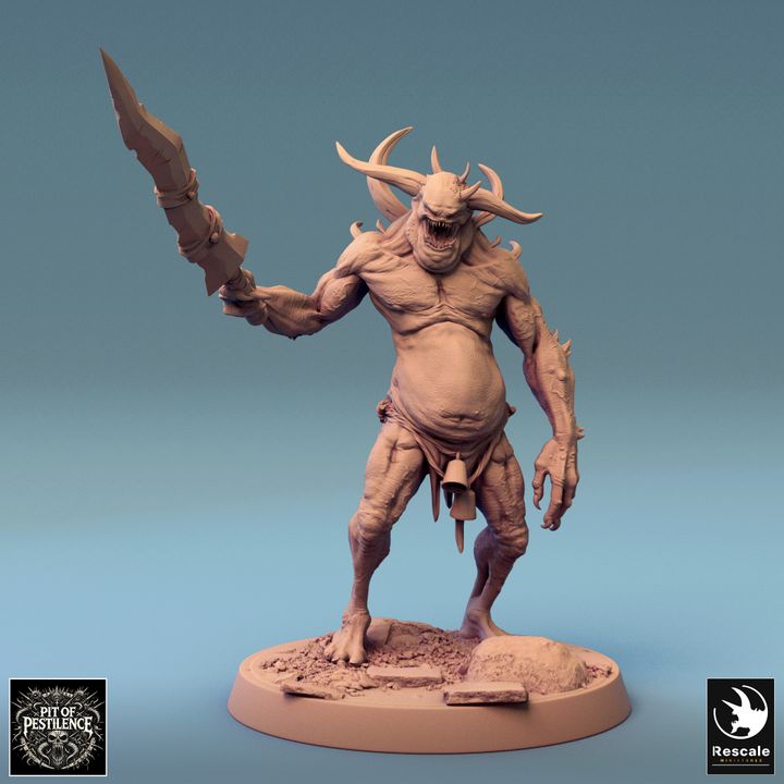 Horned monster mid-leap with a jagged sword in one hand, poised to unleash chaos in tabletop adventures.