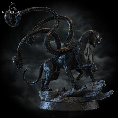 A Displacer Beast miniature with coiled tentacle appendages and sharp claws, standing atop rocky terrain, viewed from the right.