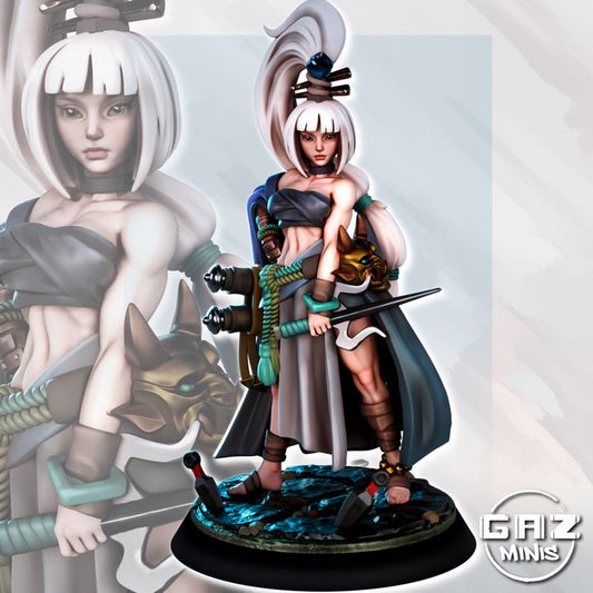 Rin Shadowdancer, a ninja character with white hair styled in a high ponytail, dressed in a dark, sleek outfit. She is equipped with dual blades and various ninja tools, standing poised on a textured base that suggests agility and stealth in a fantasy setting.