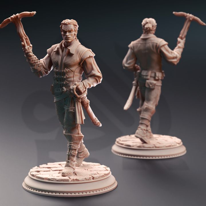 Rossa Cartel Enforcer holding a crowbar, posed in a cautious stance with weapons at the ready. Suitable for fantasy tabletop RPGs like Dungeons & Dragons or Pathfinder.