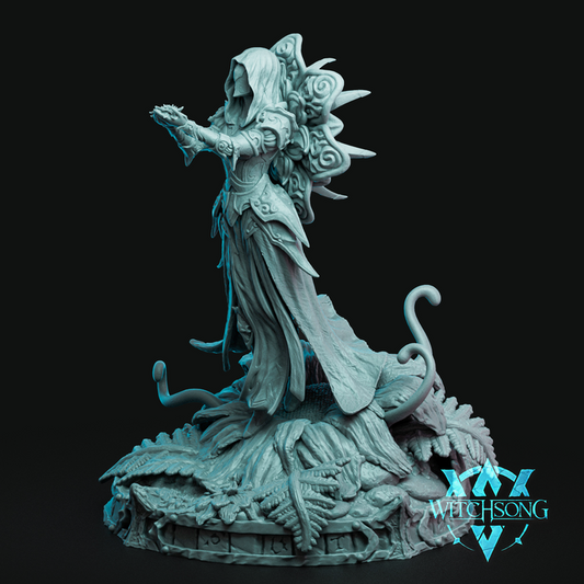 Full-figure Rotbloom Priestess miniature depicting a hooded creature with organic growths, tentacles, and corrupted flora base – fantasy monster miniature for Dungeons & Dragons or Pathfinder.
