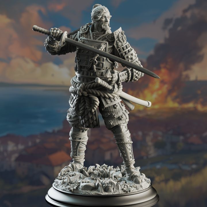 Saburo Ryu, a human Wandering Samurai, depicted with a katana drawn and standing in a battle-ready pose, captured in a highly detailed miniature for tabletop RPGs like Dungeons & Dragons and Pathfinder.