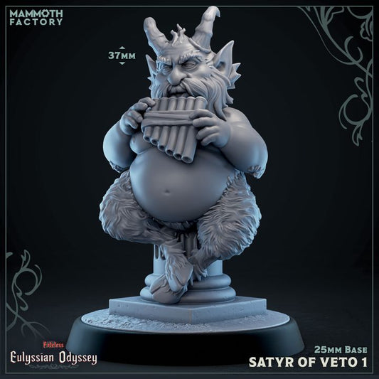 Satyr of Veto 1 seated cross-legged playing panpipes, detailed goat legs and horns, 37mm tall
