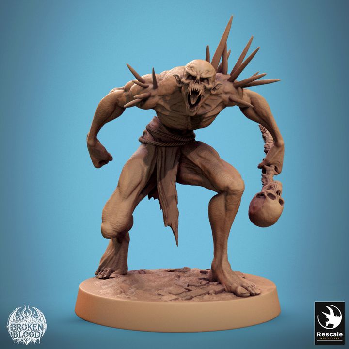 Savage Ghoul standing with a fierce expression, holding a skull-headed club, displaying muscular build and skeletal features.