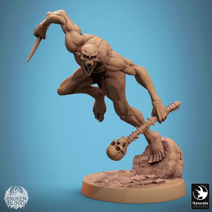 Savage Ghoul leaping with extended arm holding a club, snarling in mid-air, displaying muscular form and menacing expression.