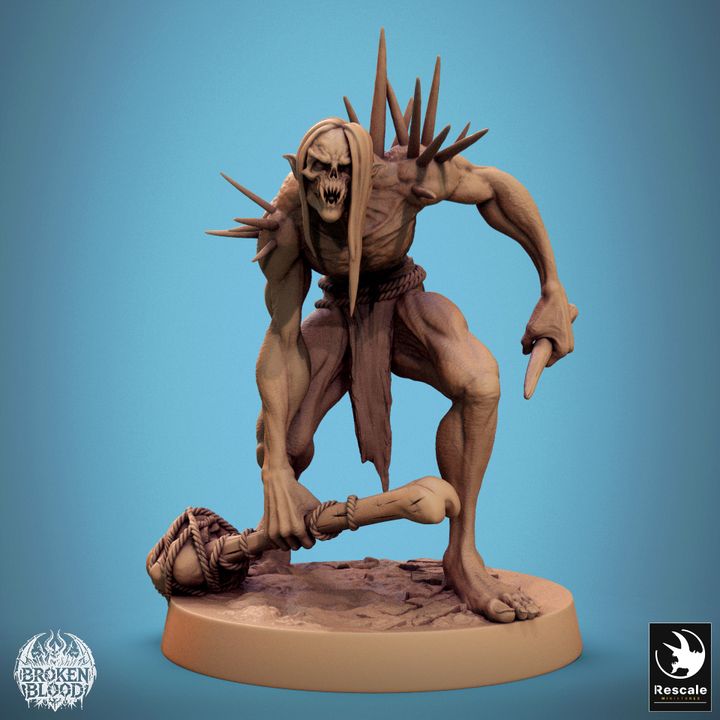 Savage Ghoul standing with a fierce expression, holding a skull-headed club and bone dagger, displaying muscular build and skeletal features.