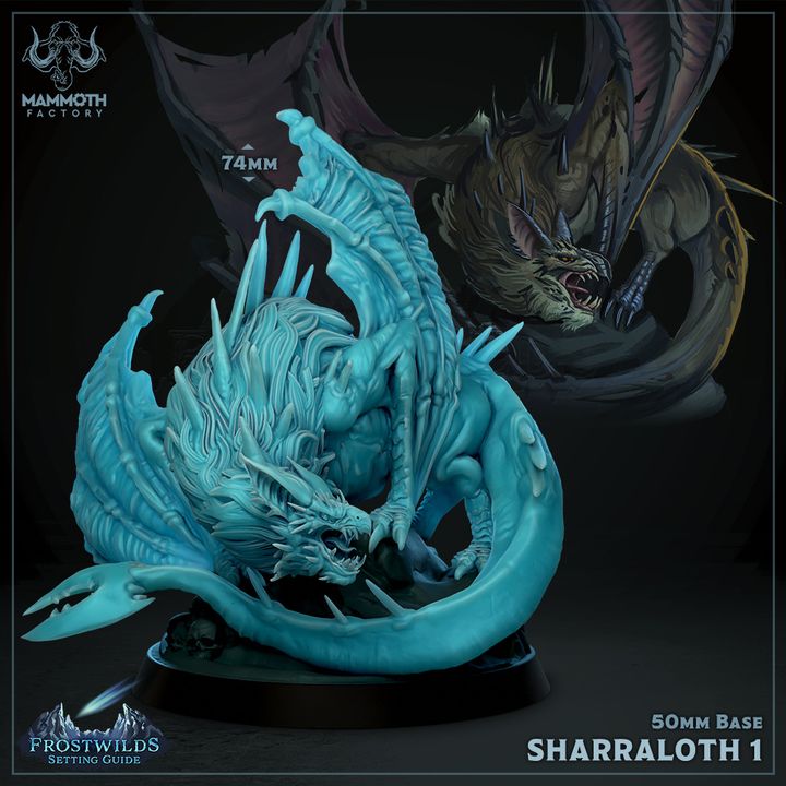 Sharraloth 1 wyvern, a detailed 3D-printed miniature depicting a fierce and coiled winged creature, designed for tabletop RPGs like Dungeons & Dragons, Pathfinder, and Warhammer.