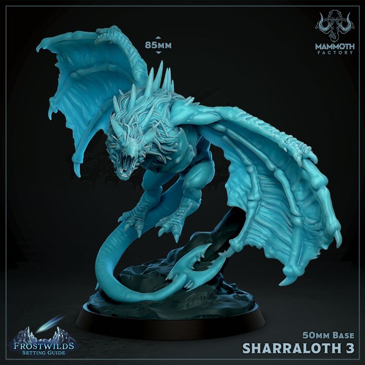 Sharraloth 3 wyvern, a 3D-printed miniature in an aggressive pose with detailed features, designed for use in tabletop RPGs like Dungeons & Dragons, Pathfinder, and Warhammer.