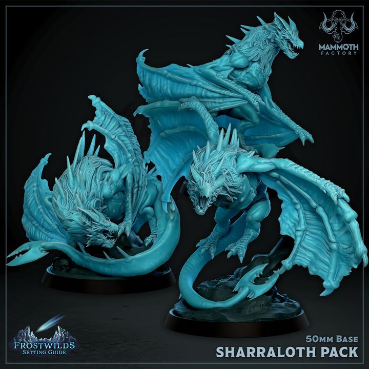 Sharraloth Pack wyverns, a set of 3D-printed miniatures featuring two detailed and dynamic winged creatures, designed for use in tabletop RPGs like Dungeons & Dragons, Pathfinder, and Warhammer.