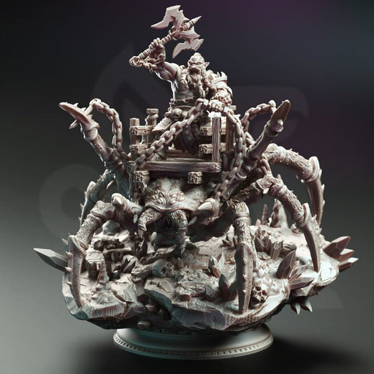 Front view of the Mounted Giant Spider - Shiasirix miniature with a duergar warrior wielding an axe atop a giant spider mount on a rocky base.