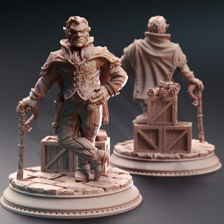 Skillet the Boss, Halfling Crime Lord miniature, posed confidently with a cane, in an elaborate setting. Great for introducing a crime lord character to your TTRPG campaigns like Dungeons & Dragons.