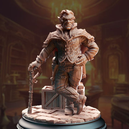 Skillet the Boss, a Halfling Crime Lord miniature, standing with one leg crossed over a crate, holding a cane. Ideal for use in tabletop RPGs like Dungeons & Dragons or Pathfinder.