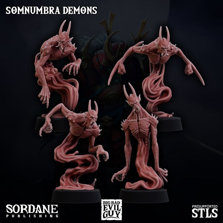 Group of Somnumbra Demons in various menacing poses, their elongated limbs and twisted forms creating a nightmarish ensemble. These demons, with their otherworldly appearance, seem to float and shift in a spectral manner.