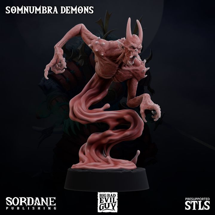 Somnumbra Demon with elongated, twisted limbs and a distorted face, floating in a gaseous, ethereal form. Its body is skeletal and sinewy, with its form twisting and turning as if suspended in a dark, void-like background.