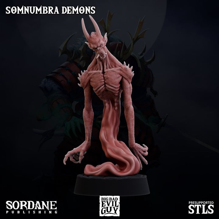 Tall and lean Somnumbra Demon with an unsettling skeletal frame and sharp claws, standing upright. Its elongated, spectral body gives it a wraith-like quality, ideal for adding terror to any tabletop encounter.