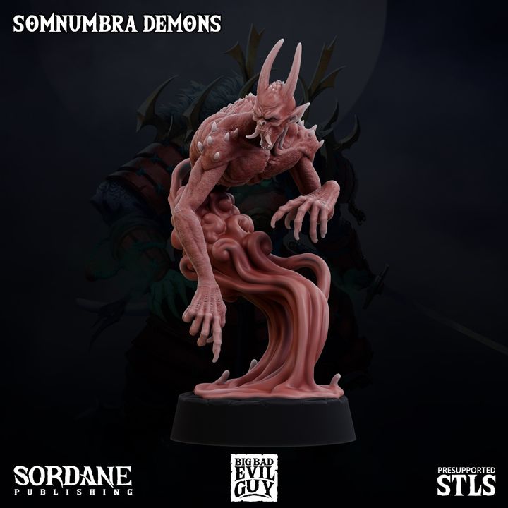 Somnumbra Demon in a crouched stance, with twisted horns and elongated claws. Its body, seemingly half-solid and half-ethereal, makes it appear as if it’s emerging from the shadows.