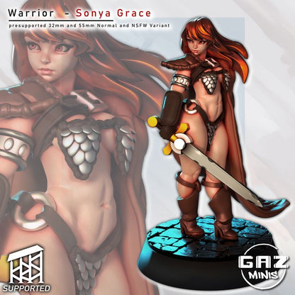 Sonya Grace human barbarian miniature in scale bikini armor with sword and flowing cape – Red Sonja inspired D&D model.