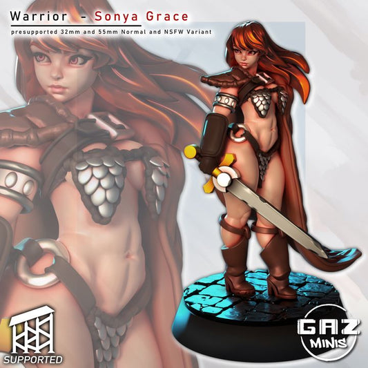 Sonya Grace human barbarian miniature in scale bikini armor with sword and flowing cape – Red Sonja inspired D&D model.
