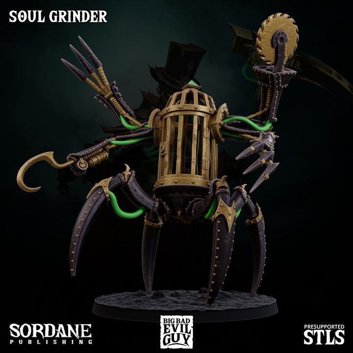 Soul Grinder in a stance with limbs spread, displaying its cage-like structure and eerie appendages, suitable for dark fantasy TTRPGs.