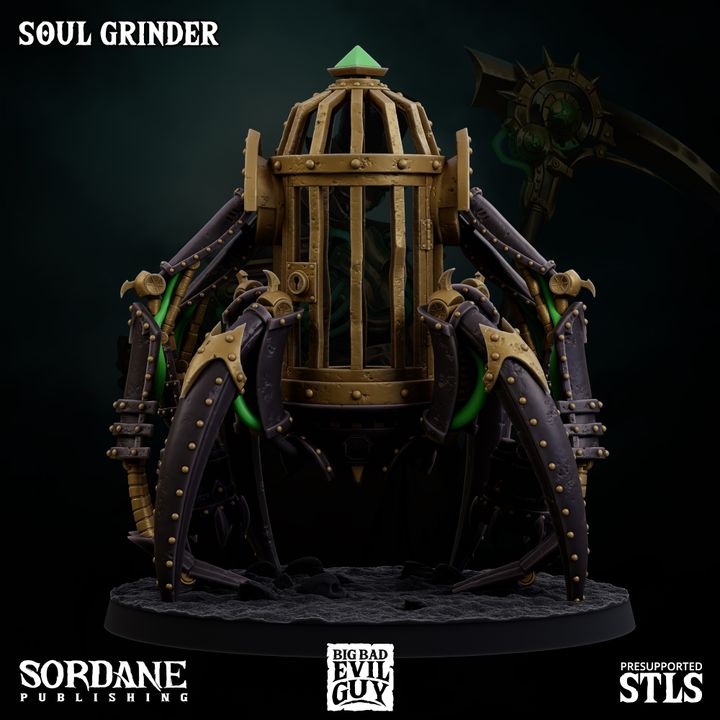 Soul Grinder in a powered down pose, highlighting its intricate mechanical details and formidable presence for a gothic TTRPG setting.