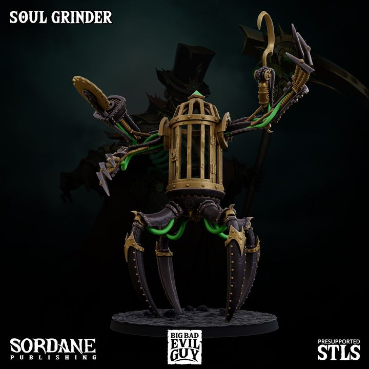 Soul Grinder with it's arm raised about to smash down, showcasing the detail of its spiked limbs and haunting design in a gothic fantasy theme.