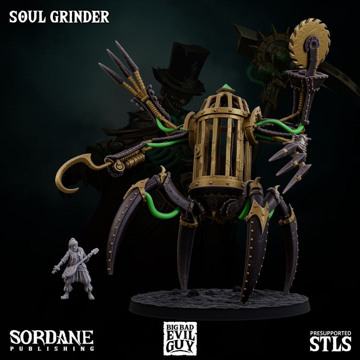 Soul Grinder next to a humanoid figure for scale, showcasing its imposing mechanical limbs and horror-inspired design.