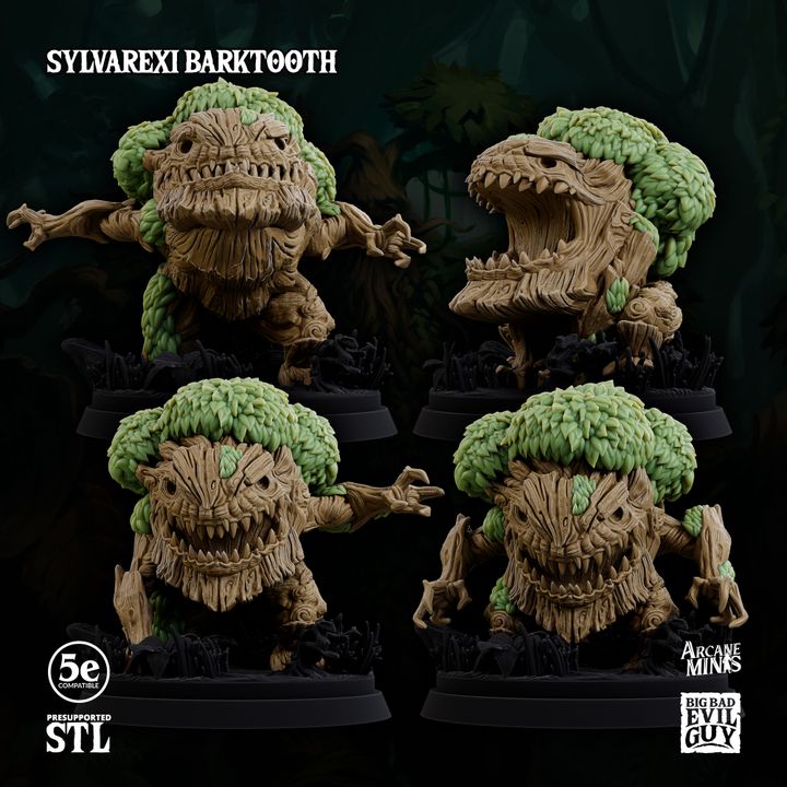 3D-printed Sylvarexi Barktooth miniature set, featuring various poses of a gnarled tree creature with a massive jaw, perfect for TTRPGs like Dungeons and Dragons and Pathfinder.