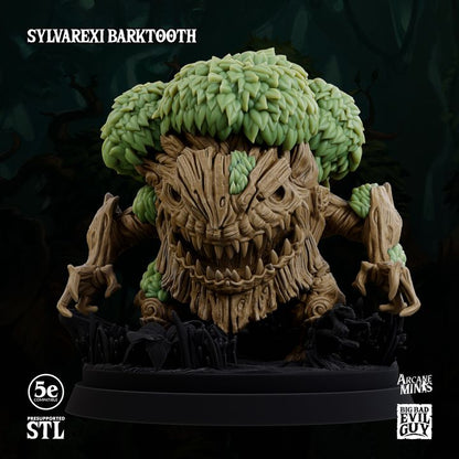 3D-printed Sylvarexi Barktooth miniature, showcasing a gnarled tree creature with an imposing stance, designed for TTRPGs like Dungeons and Dragons and Pathfinder.