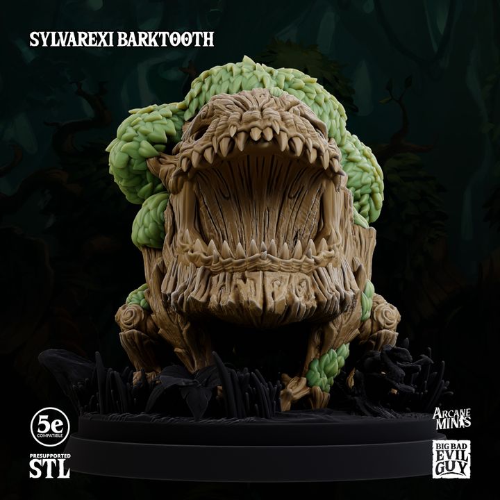 3D-printed Sylvarexi Barktooth miniature, featuring a tree creature with a wide, open jaw and twisted limbs, ideal for TTRPGs like Dungeons and Dragons and Pathfinder.