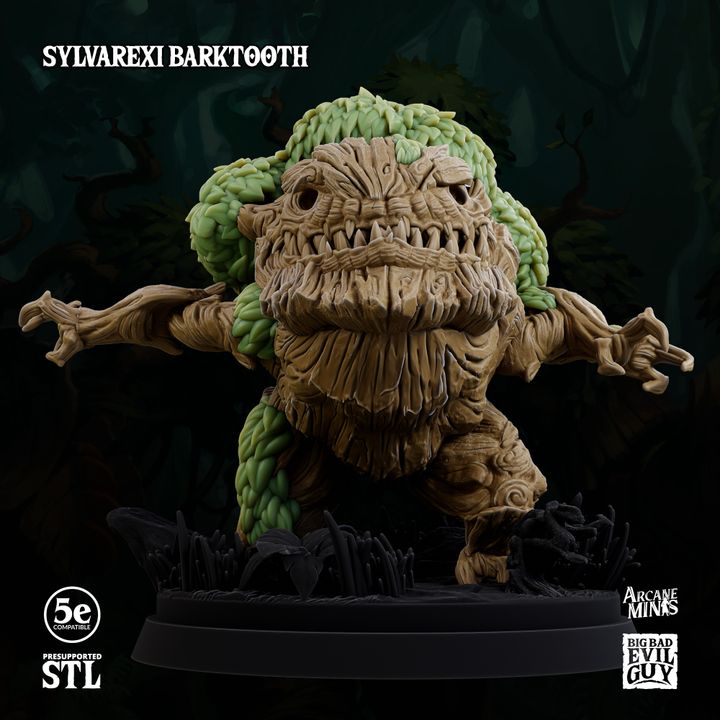 3D-printed Sylvarexi Barktooth miniature, depicting a gnarled tree creature with a leafy canopy and a menacing expression, suitable for TTRPGs like Dungeons and Dragons and Pathfinder.