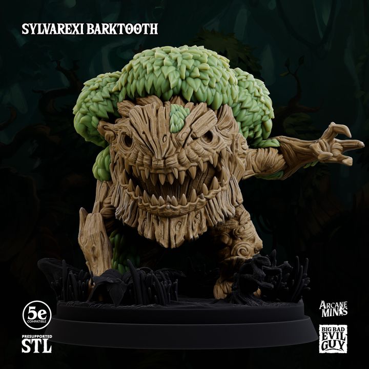 3D-printed Sylvarexi Barktooth miniature in a dynamic pose, showcasing a gnarled tree creature with a massive jaw, perfect for TTRPGs like Dungeons and Dragons and Pathfinder.