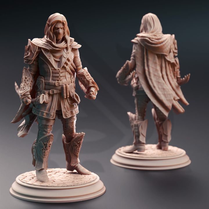 Sylvios the Slip, Elf Rogue Thief miniature, posed in a stealthy stance with detailed armor and cloak. Ideal for use in tabletop RPGs like Dungeons & Dragons or Pathfinder.