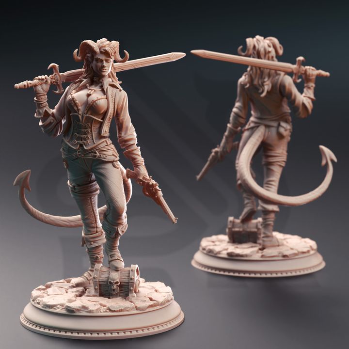 Syntheia the Daring, Tiefling Rogue Scoundrel miniature, shown in a full-body front and back view with a sword over her shoulder and tail curled behind her. Great for adding a daring rogue character to your TTRPG adventures like Pathfinder or Dungeons & Dragons.