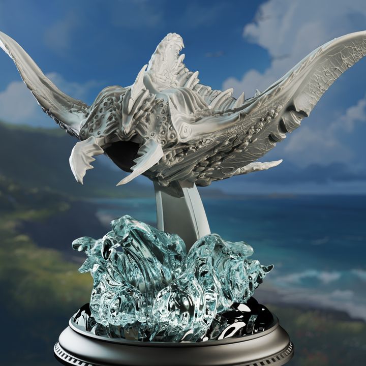 Tengaraya, a Flying Sea Ray, depicted soaring above waves in a beautifully detailed miniature, perfect for tabletop RPGs like Dungeons & Dragons and Pathfinder.