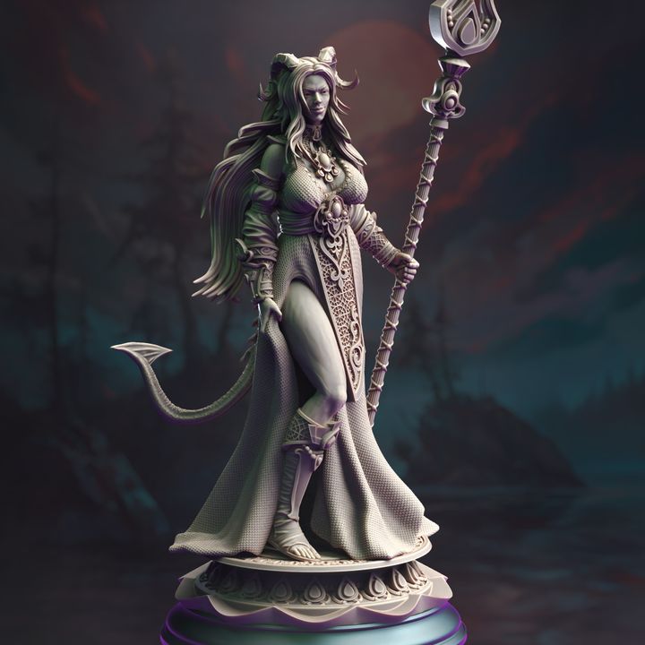 Tiefling Moon Cleric miniature, Tharia Moonshadow, standing with a staff in hand, wearing a detailed robe, ideal for fantasy TTRPGs like Dungeons & Dragons.