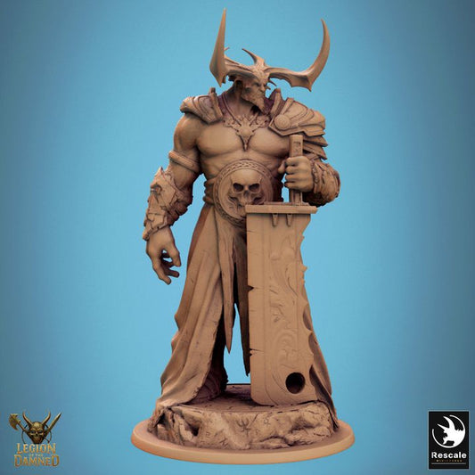 The Butcher miniature front view, muscular warlord with horned helmet, engraved skull belt, and massive engraved sword.