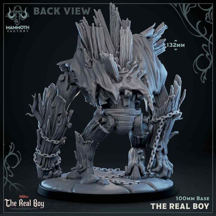 Rear view of The Real Boy wood golem, featuring jagged woodwork and chains, embodying a dark twist on Pinocchio for tabletop RPGs.