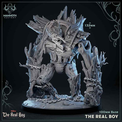 Front view of The Real Boy miniature, a monstrous Pinocchio-inspired wood golem bound in chains, ideal for TTRPGs like Dungeons & Dragons.